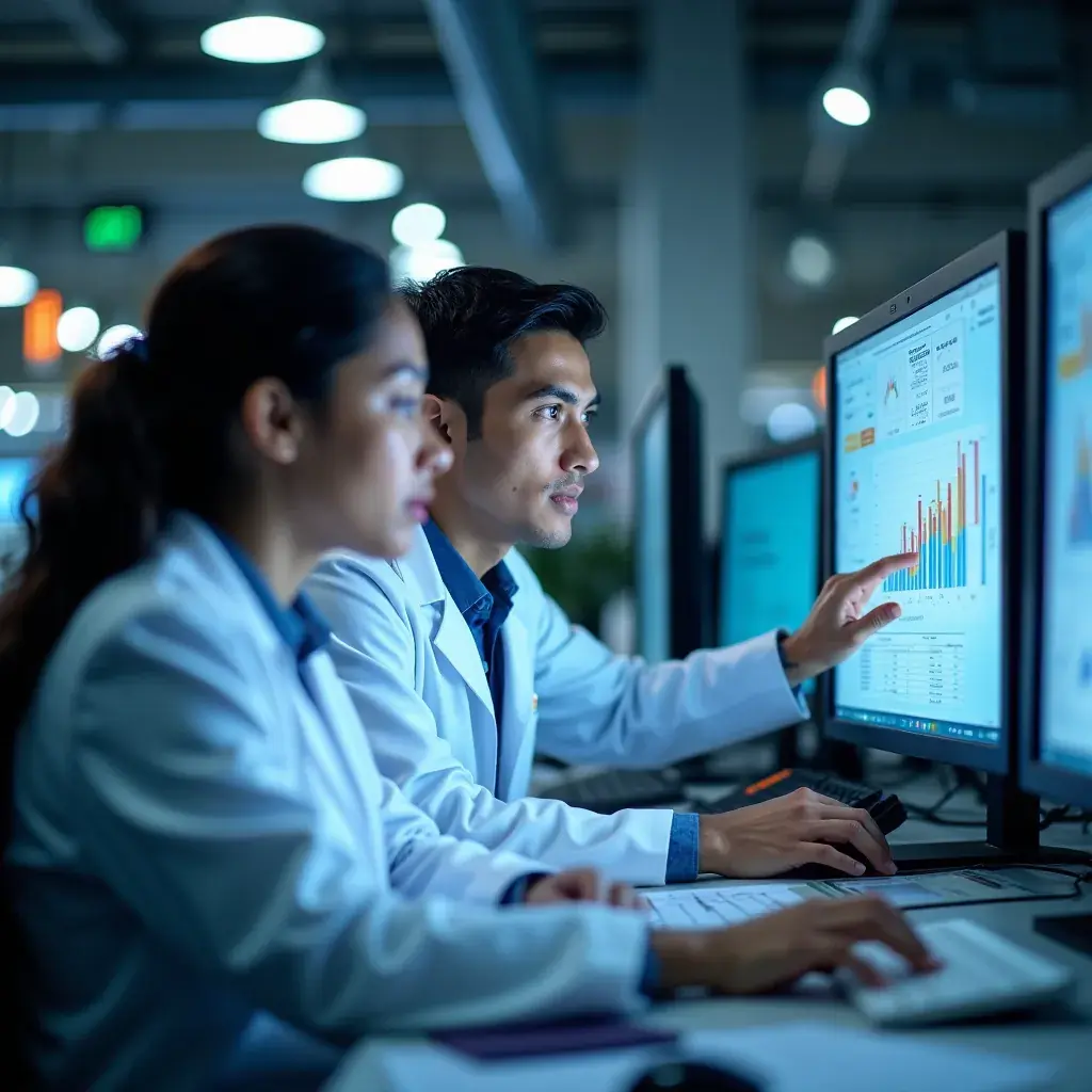 A group of engineers discussing strategies for implementing data-driven energy solutions.