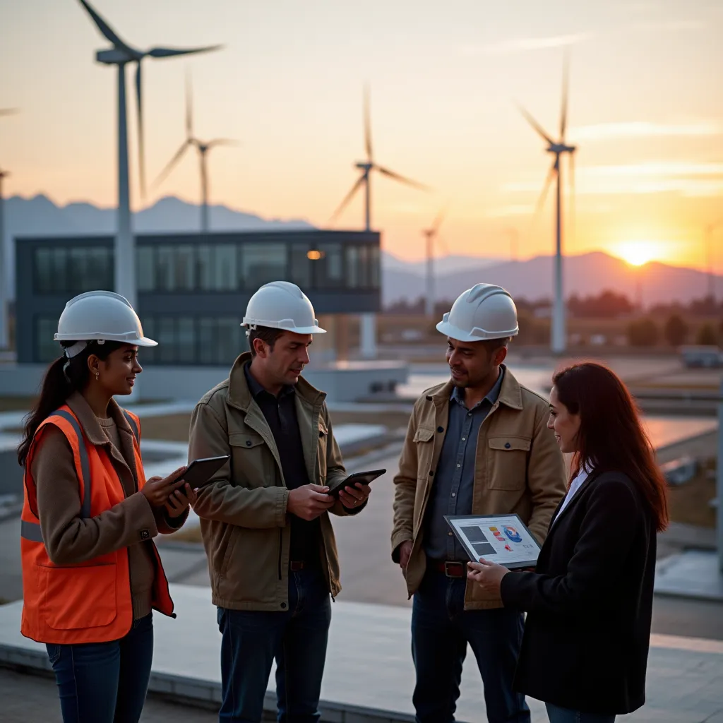 Illustration of a team of data scientists collaborating on energy optimization strategies.